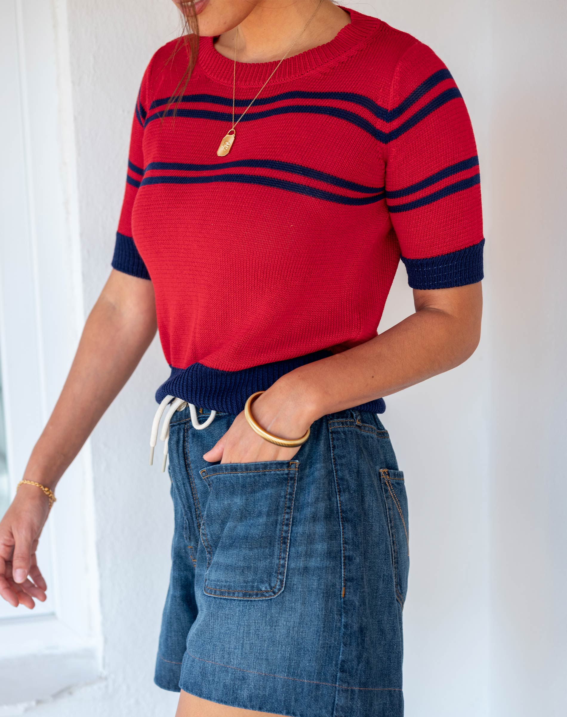 Women's Red Navy Striped Short Sleeve Sweater