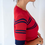 Women's Red Navy Striped Short Sleeve Sweater