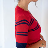 Women's Red Navy Striped Short Sleeve Sweater