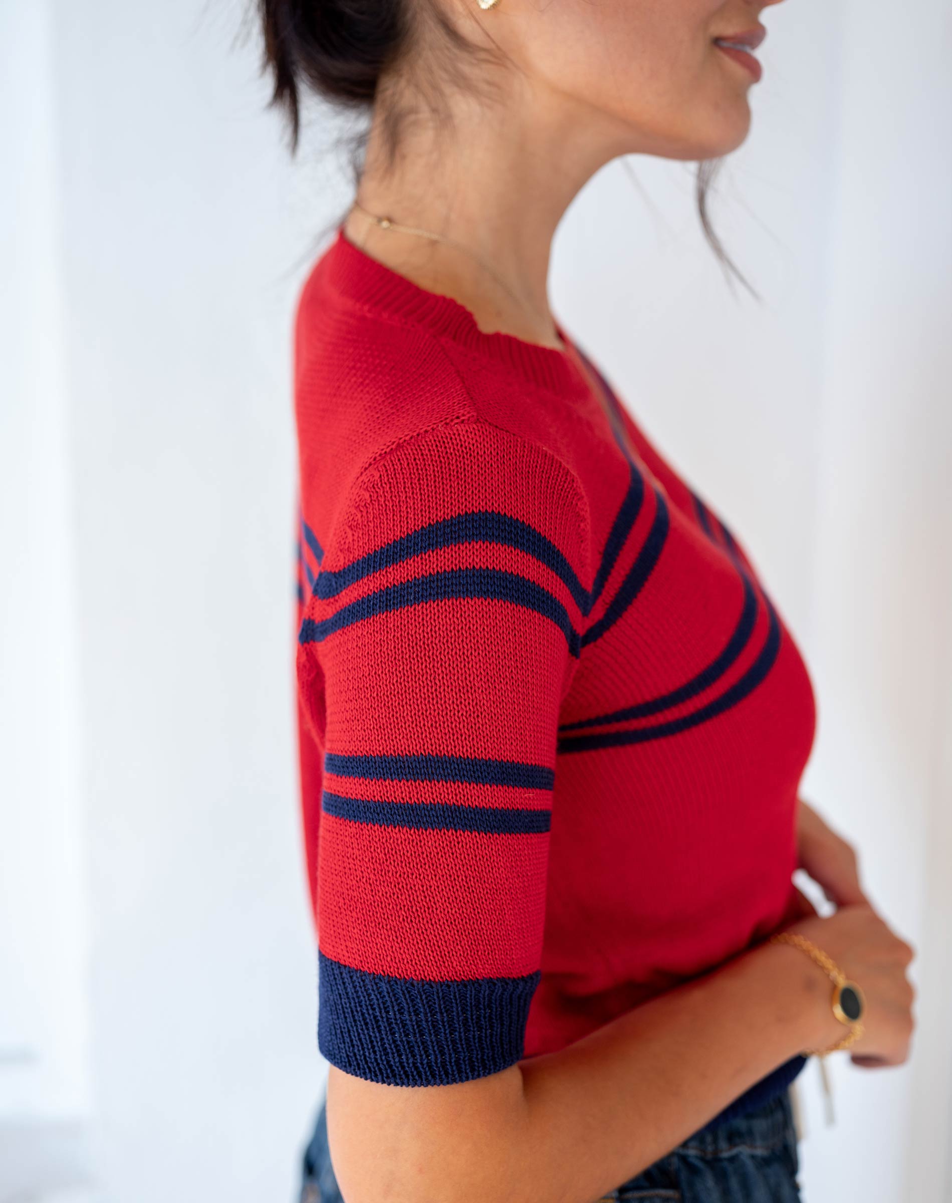 Women's Red Navy Striped Short Sleeve Sweater