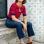 Women's Red Navy Striped Short Sleeve Sweater