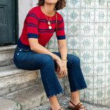 Women's Red Navy Striped Short Sleeve Sweater