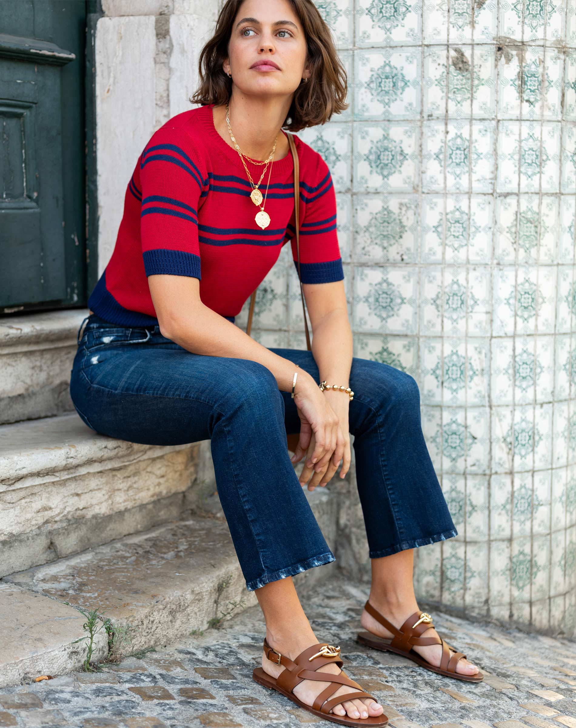 Women's Red Navy Striped Short Sleeve Sweater