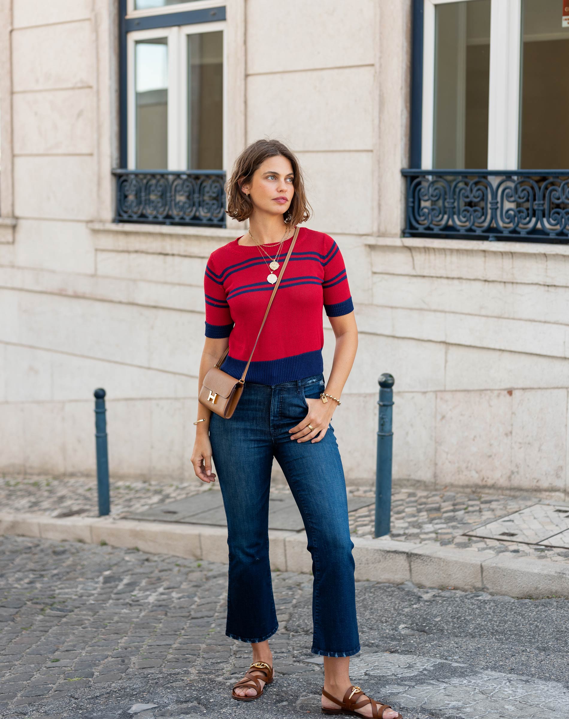 Women's Red Navy Striped Short Sleeve Sweater