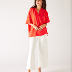 Women's One Size Red Short Sleeve Tee with Two Pockets on Chest Front View Standing