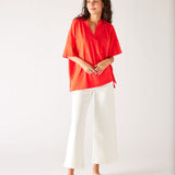 Women's One Size Red Short Sleeve Tee with Two Pockets on Chest Front View Standing