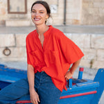 Women's Lightweight Red Short Sleeve Tee with V-Neck and Chest Pockets