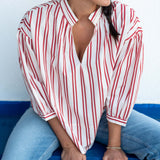 Women's Red Striped Quarter Sleeve Blouse