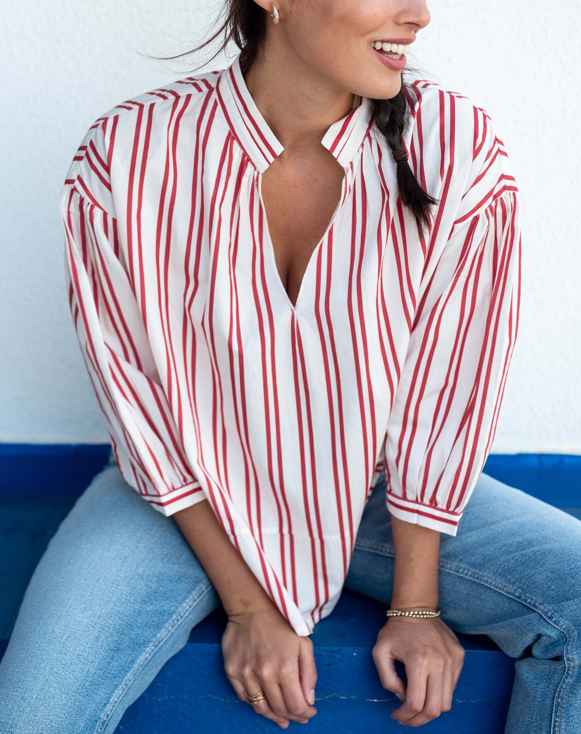 Women's Red Striped Quarter Sleeve Blouse