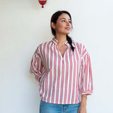 Women's Red Striped Quarter Sleeve Blouse