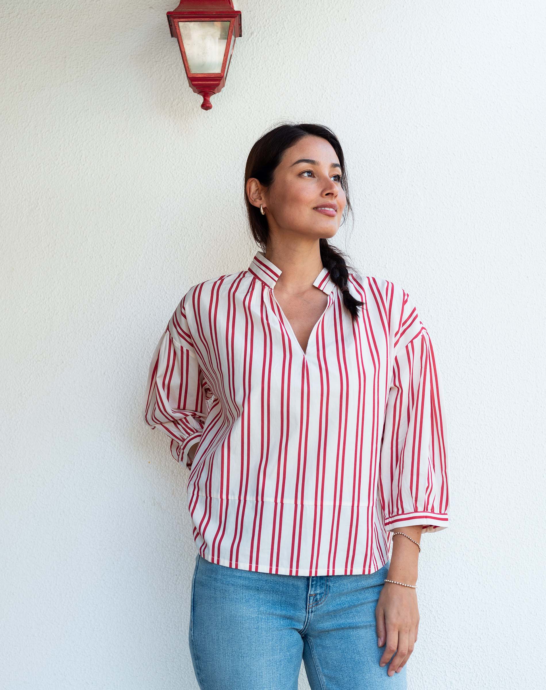 Women's Red Striped Quarter Sleeve Blouse