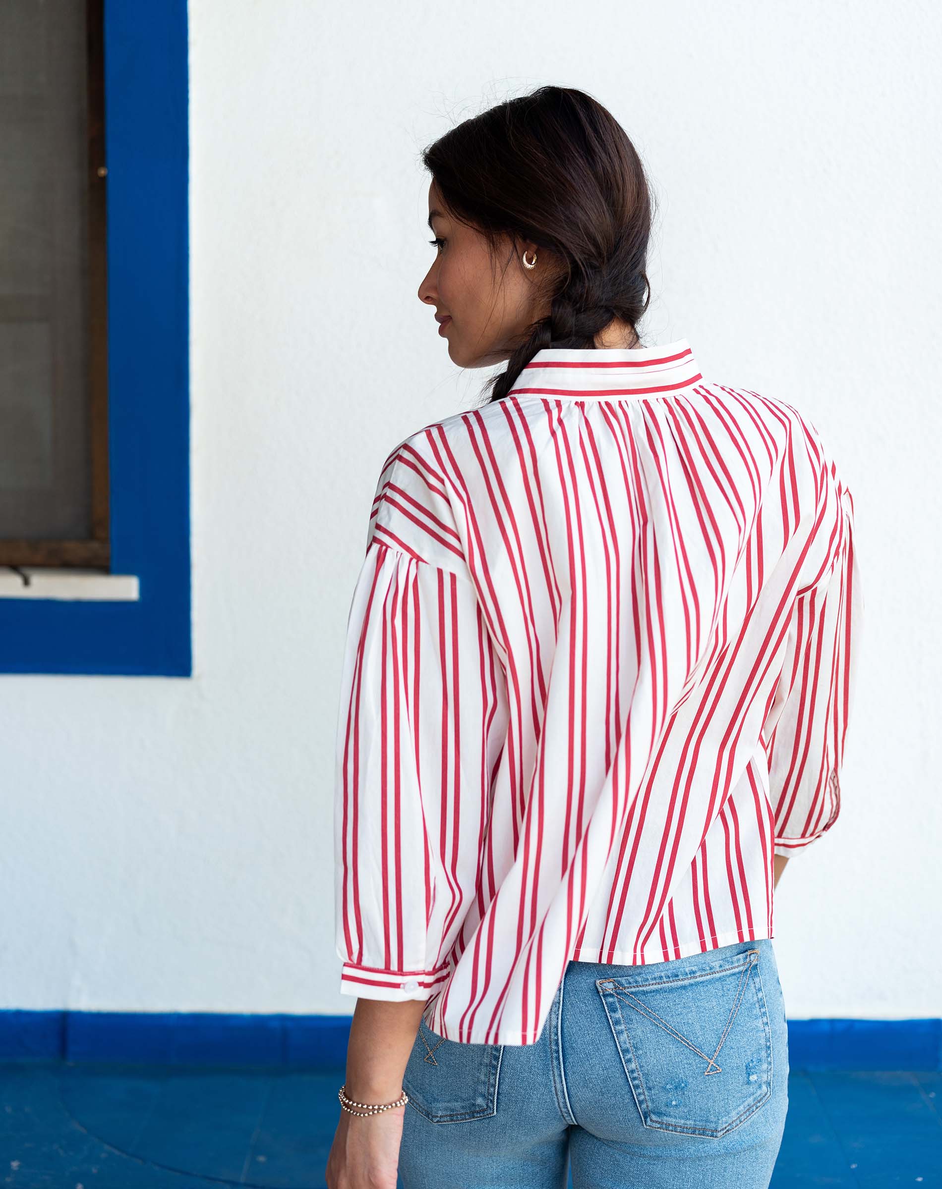 Women's Red Striped Quarter Sleeve Blouse