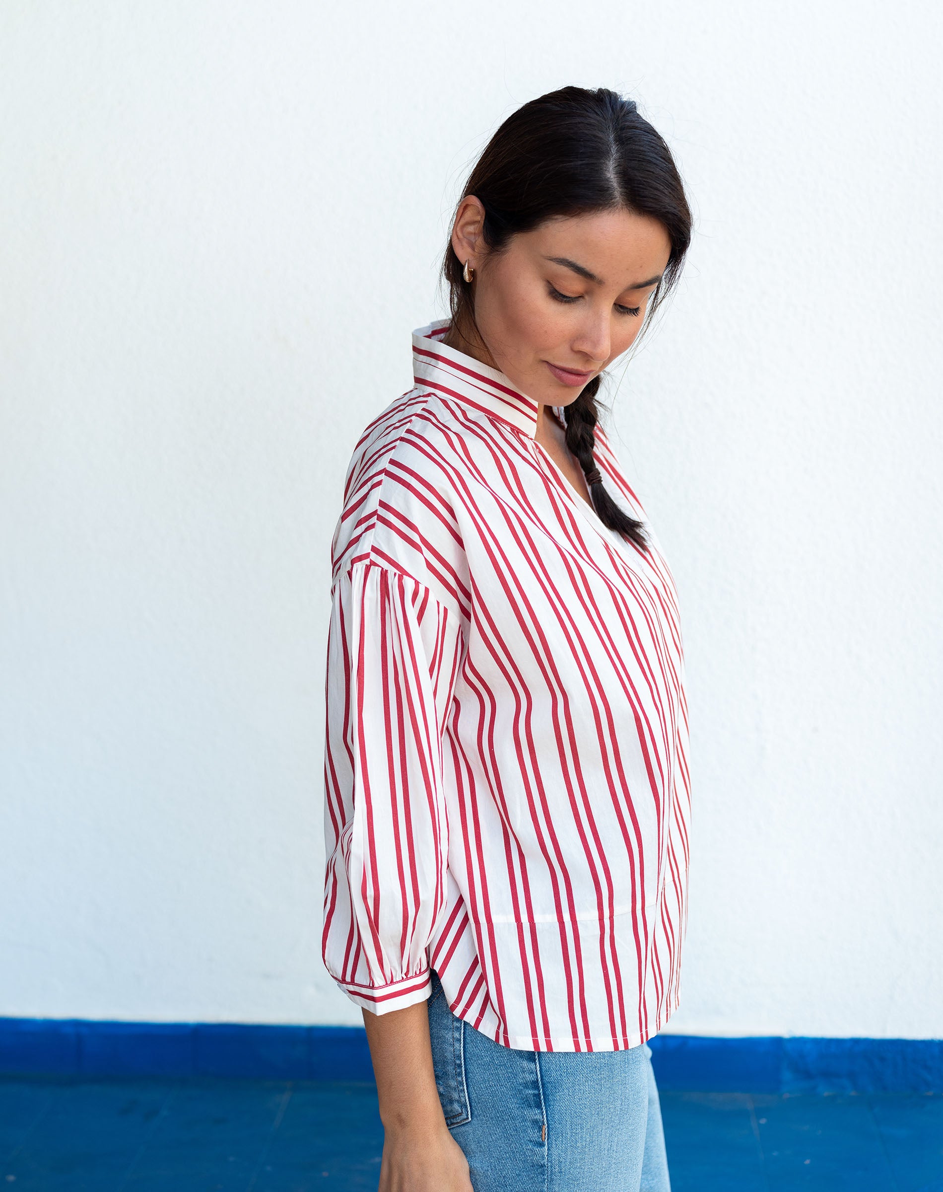 Women's Red Striped Quarter Sleeve Blouse