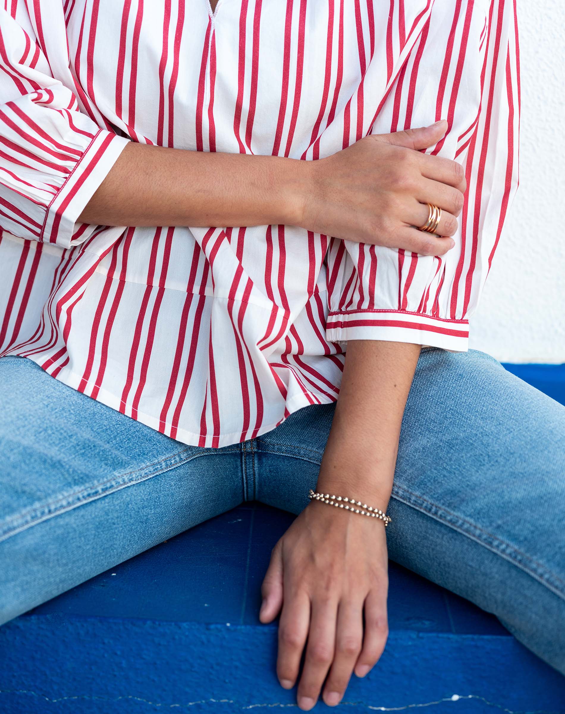 Women's Red Striped Quarter Sleeve Blouse