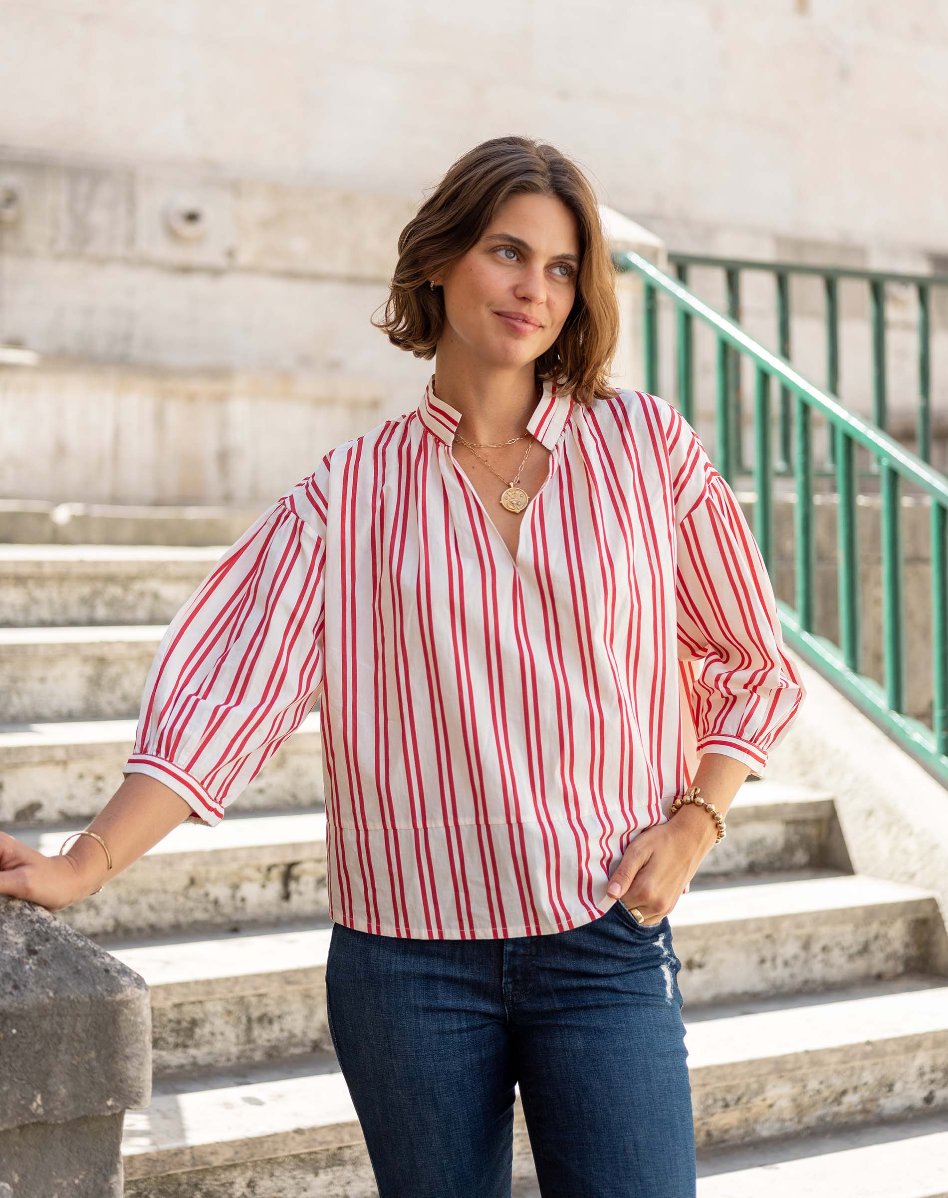 Women's Red Striped Quarter Sleeve Blouse