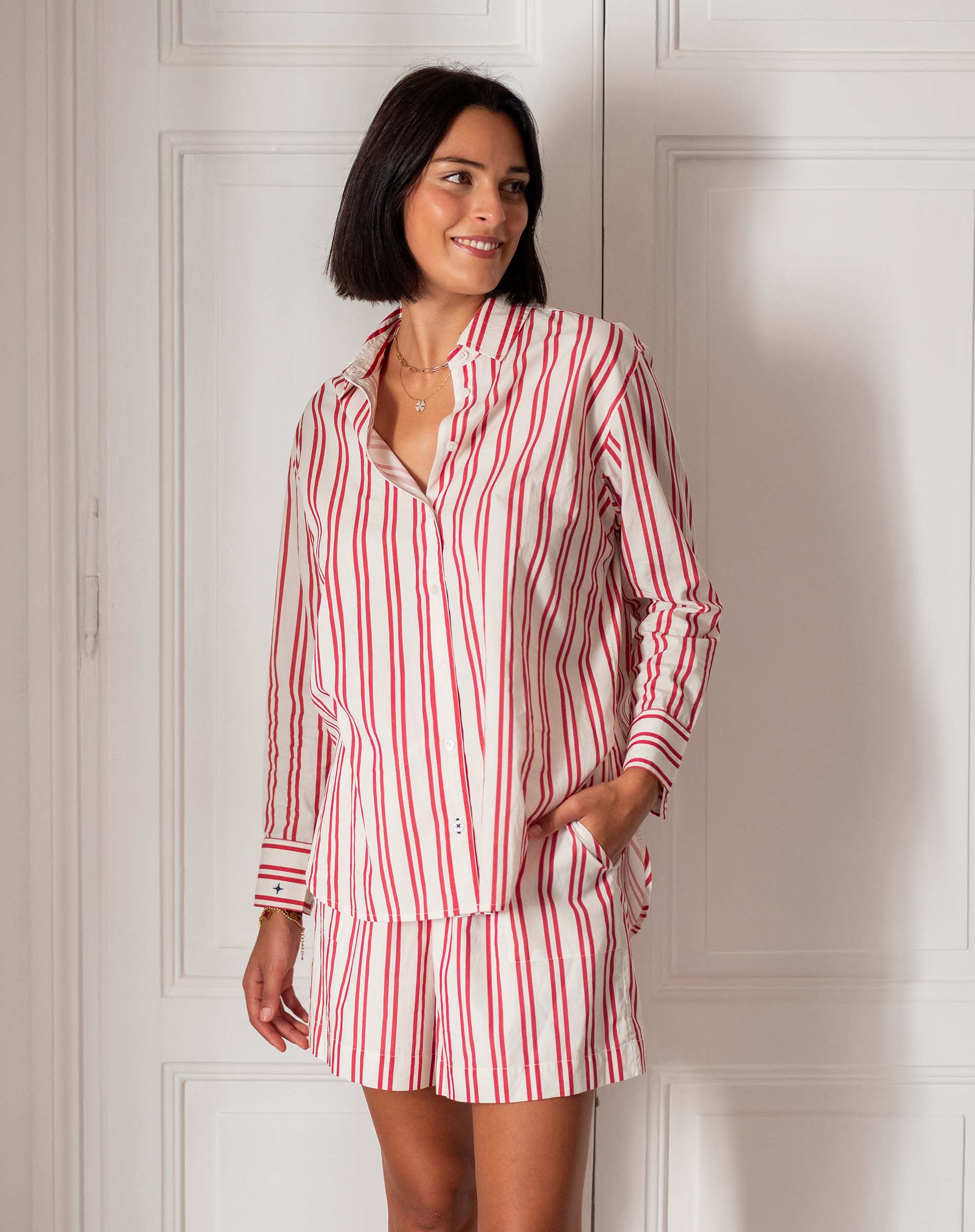 Women's Red Striped Button Down Everyday Shirt