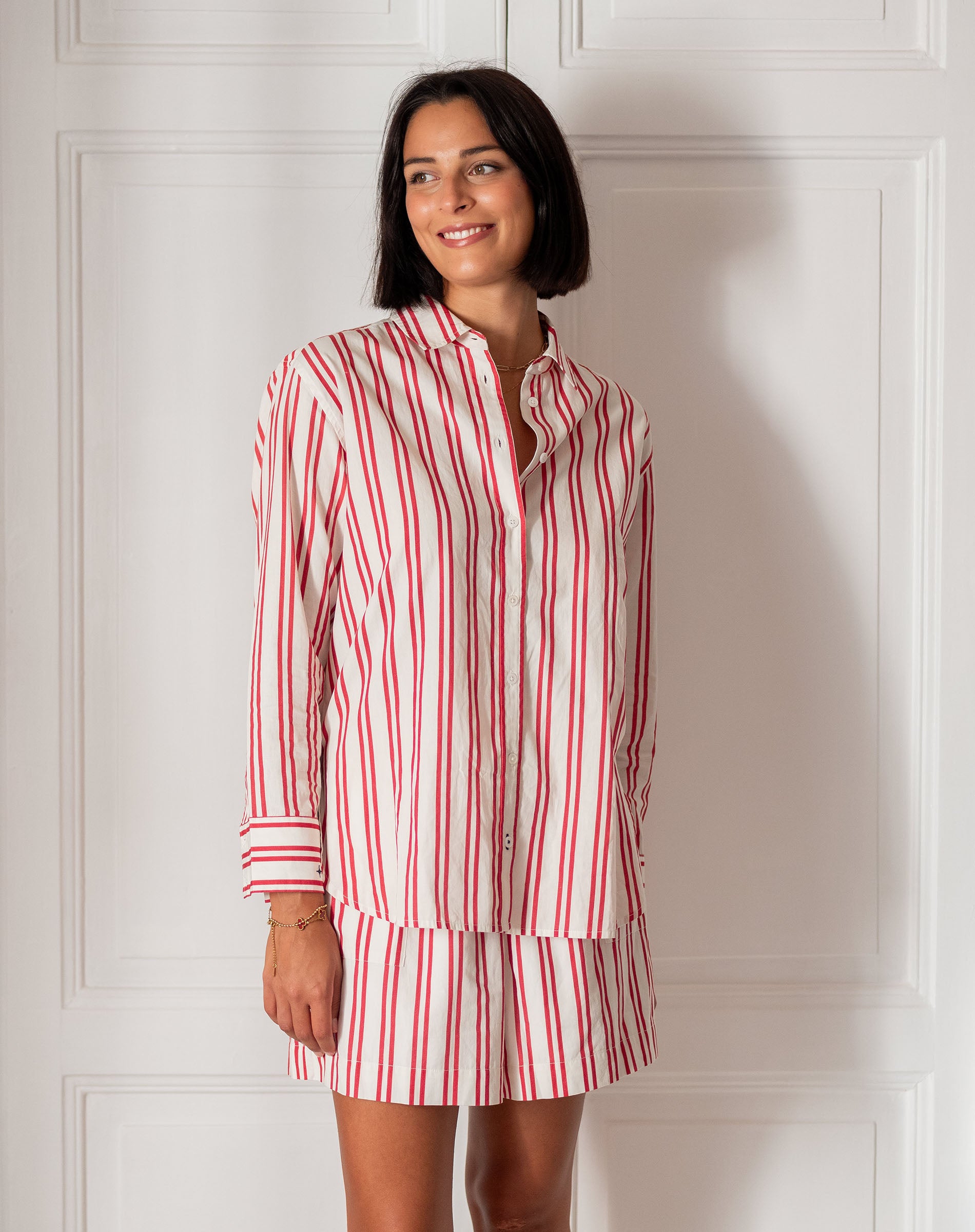 Women's Red Striped Button Down Everyday Shirt