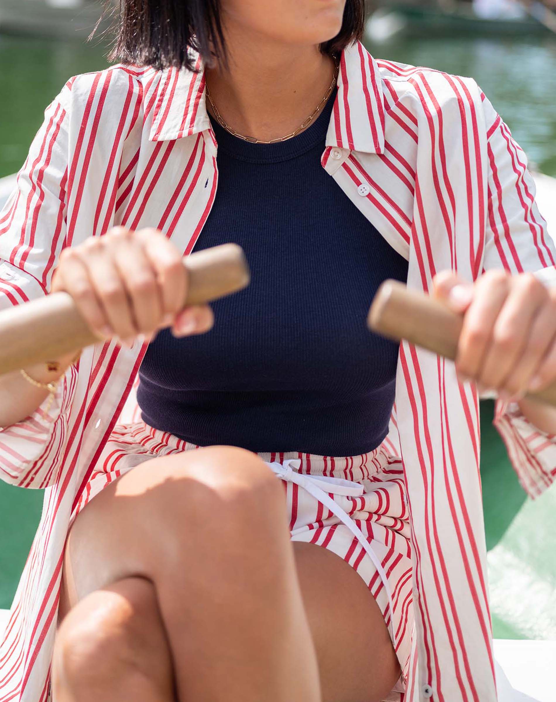 Women's Red Striped Button Down Everyday Shirt