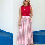 Women's Red Striped Maxi Skirt Spring Style