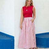 Women's Red Striped Maxi Skirt Spring Style