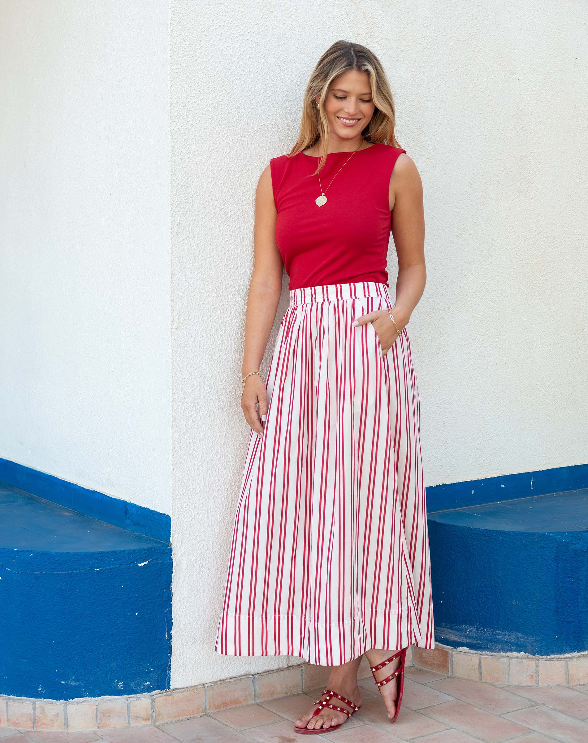 Women's Red Striped Maxi Skirt Spring Style