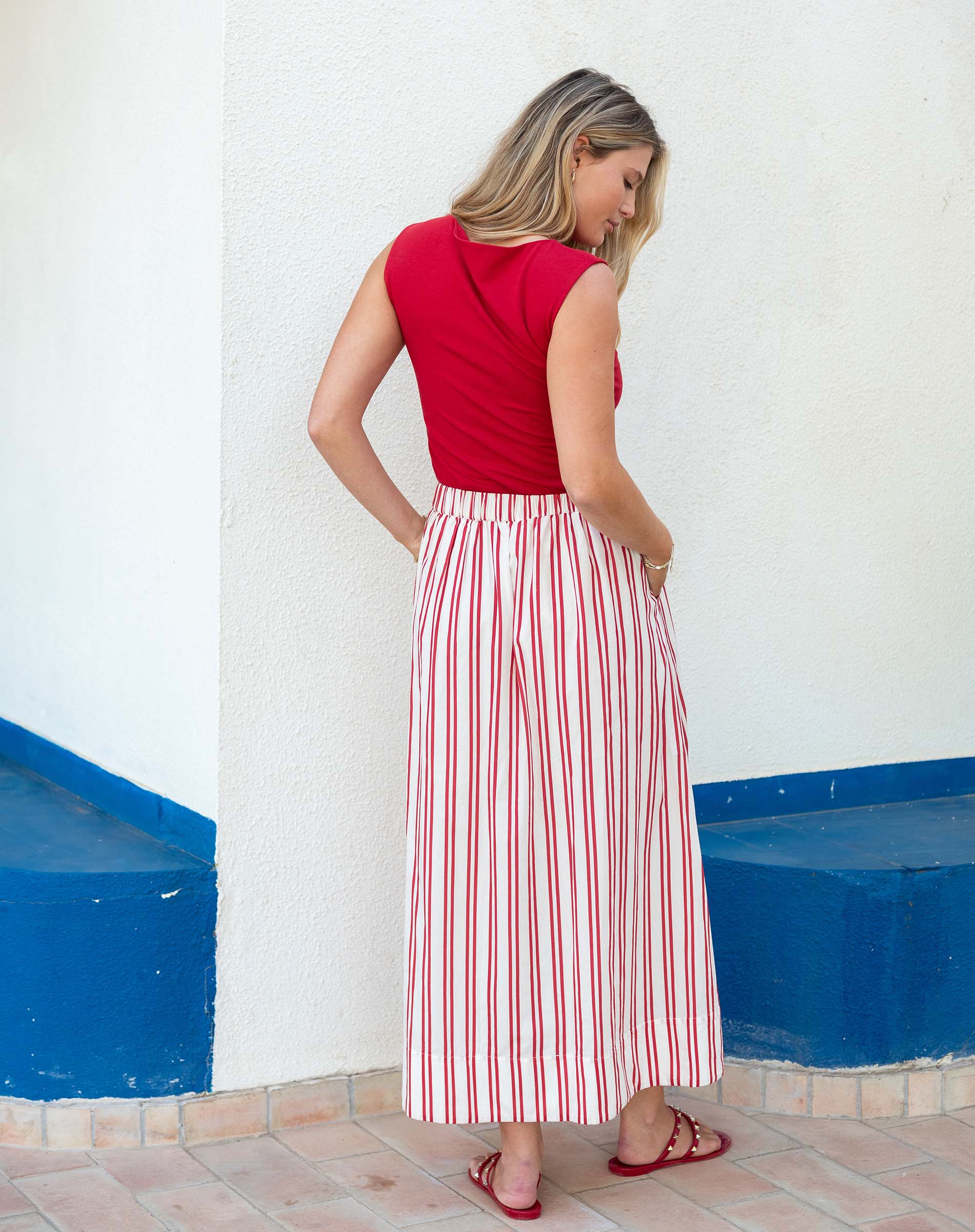 Women's Red Striped Maxi Skirt Spring Style