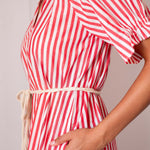Women's Red Striped Mini Dress Self Belt