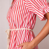 Women's Red Striped Mini Dress Self Belt