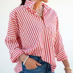 Women's Red Striped Popped Collar Essential Shirt