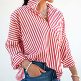 Women's Red Striped Popped Collar Essential Shirt