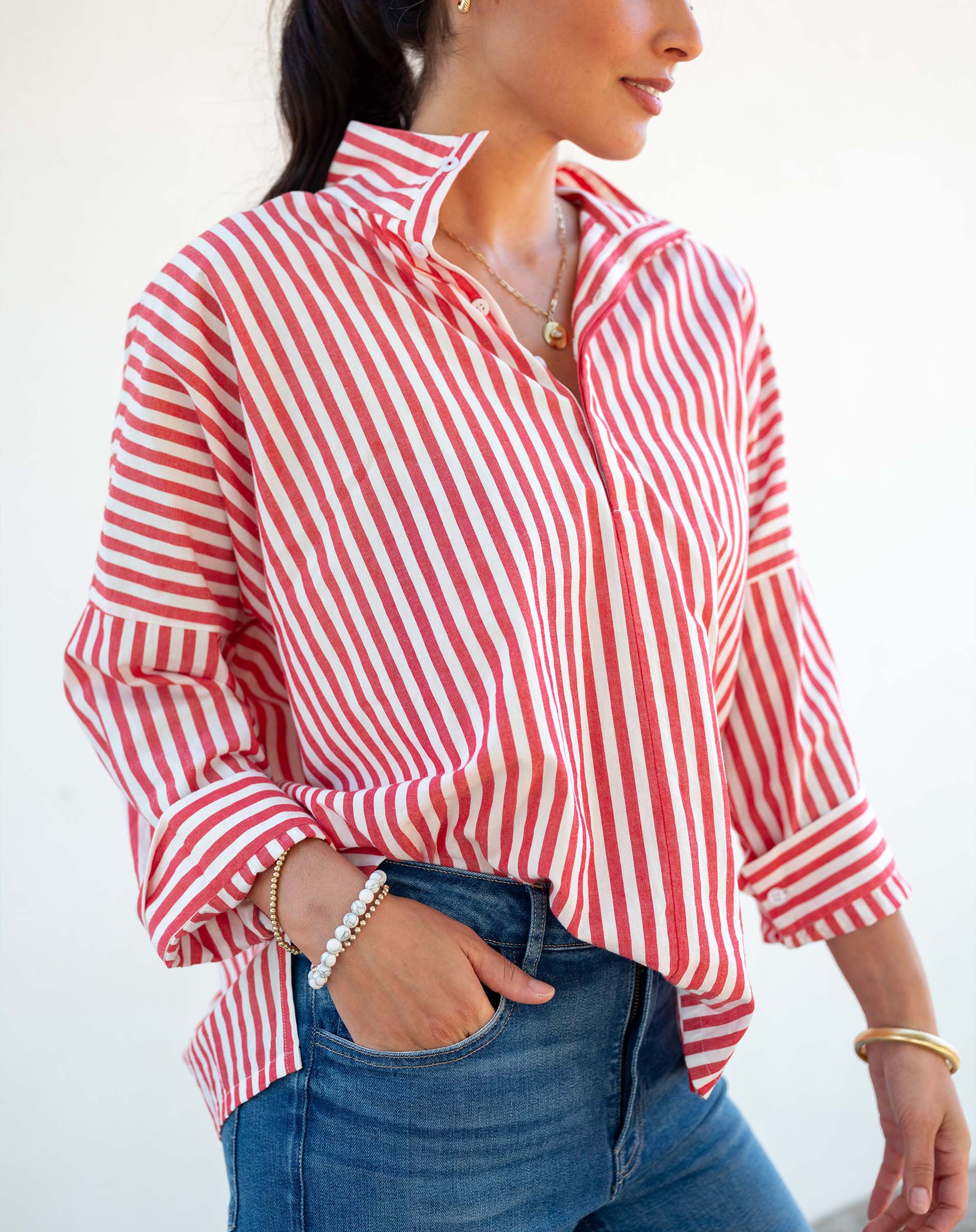 Women's Red Striped Popped Collar Essential Shirt