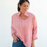 Women's Red Striped Popped Collar Essential Shirt