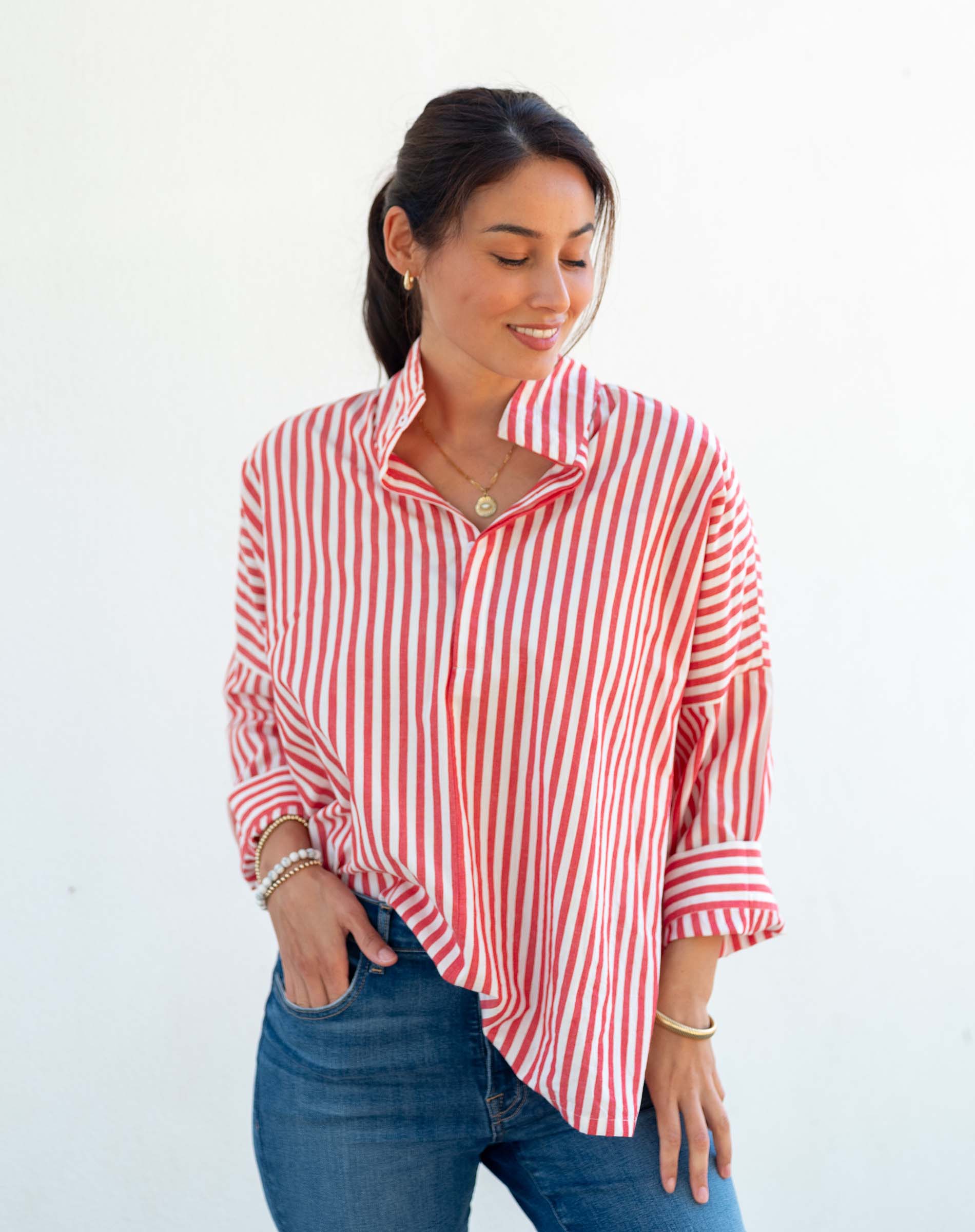 Women's Red Striped Popped Collar Essential Shirt