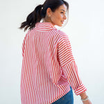 Women's Red Striped Popped Collar Essential Shirt