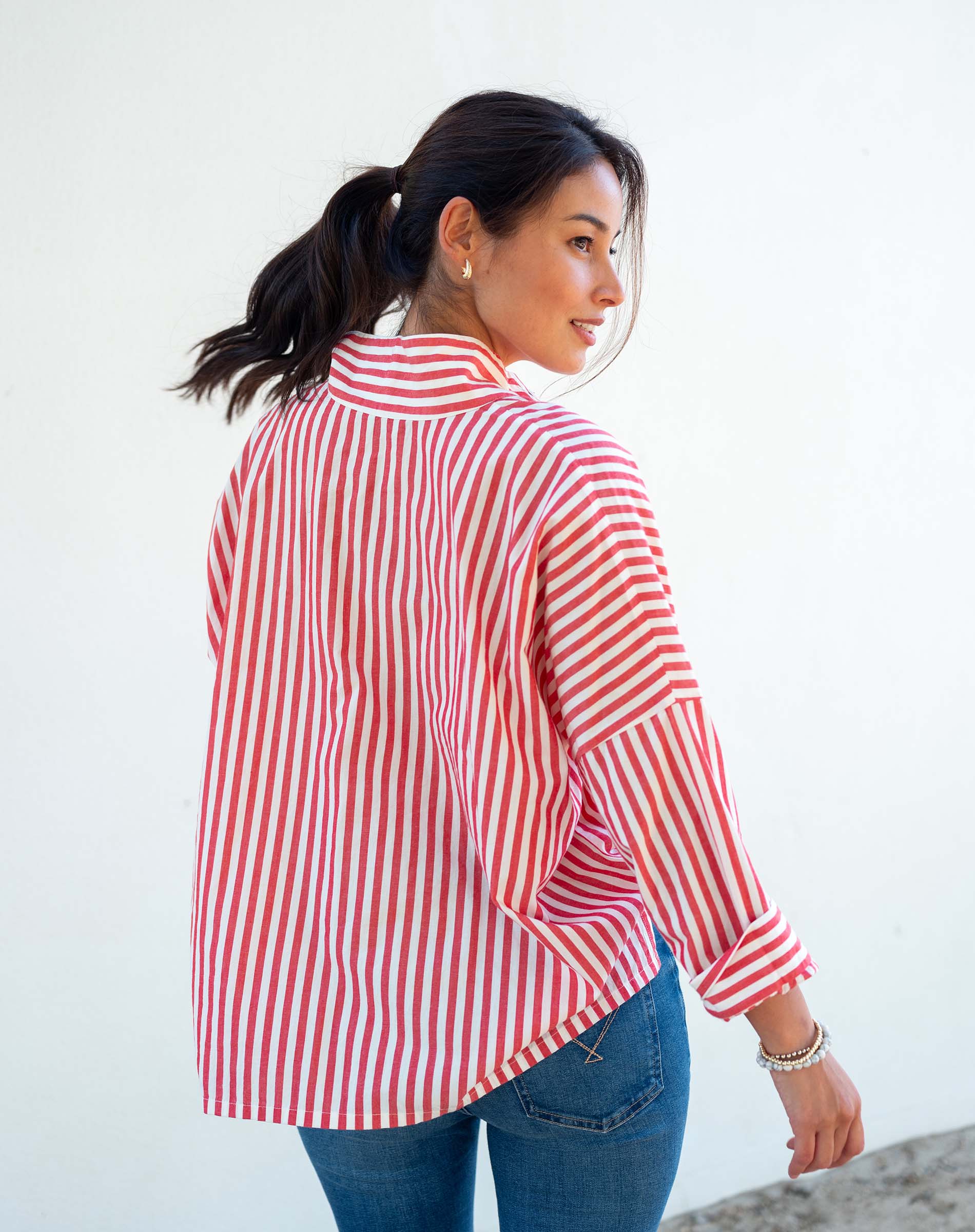 Women's Red Striped Popped Collar Essential Shirt