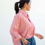 Women's Red Striped Popped Collar Essential Shirt