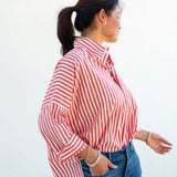 Women's Red Striped Popped Collar Essential Shirt