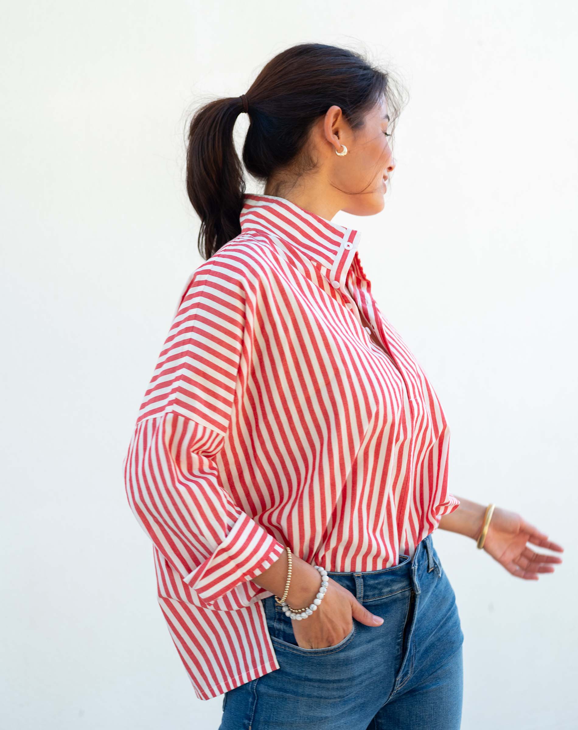 Women's Red Striped Popped Collar Essential Shirt