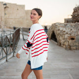 Women's One Size Red Striped Sweater with Blue Hearts on Sleeve Back View