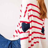 Women's One Size Red Striped Sweater with Blue Hearts on Sleeve Back View