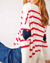 Women's One Size Red Striped Sweater with Blue Hearts on Sleeve Back View