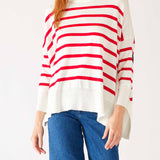 Women's One Size Red Striped Sweater with Blue Hearts on Sleeve Chest View