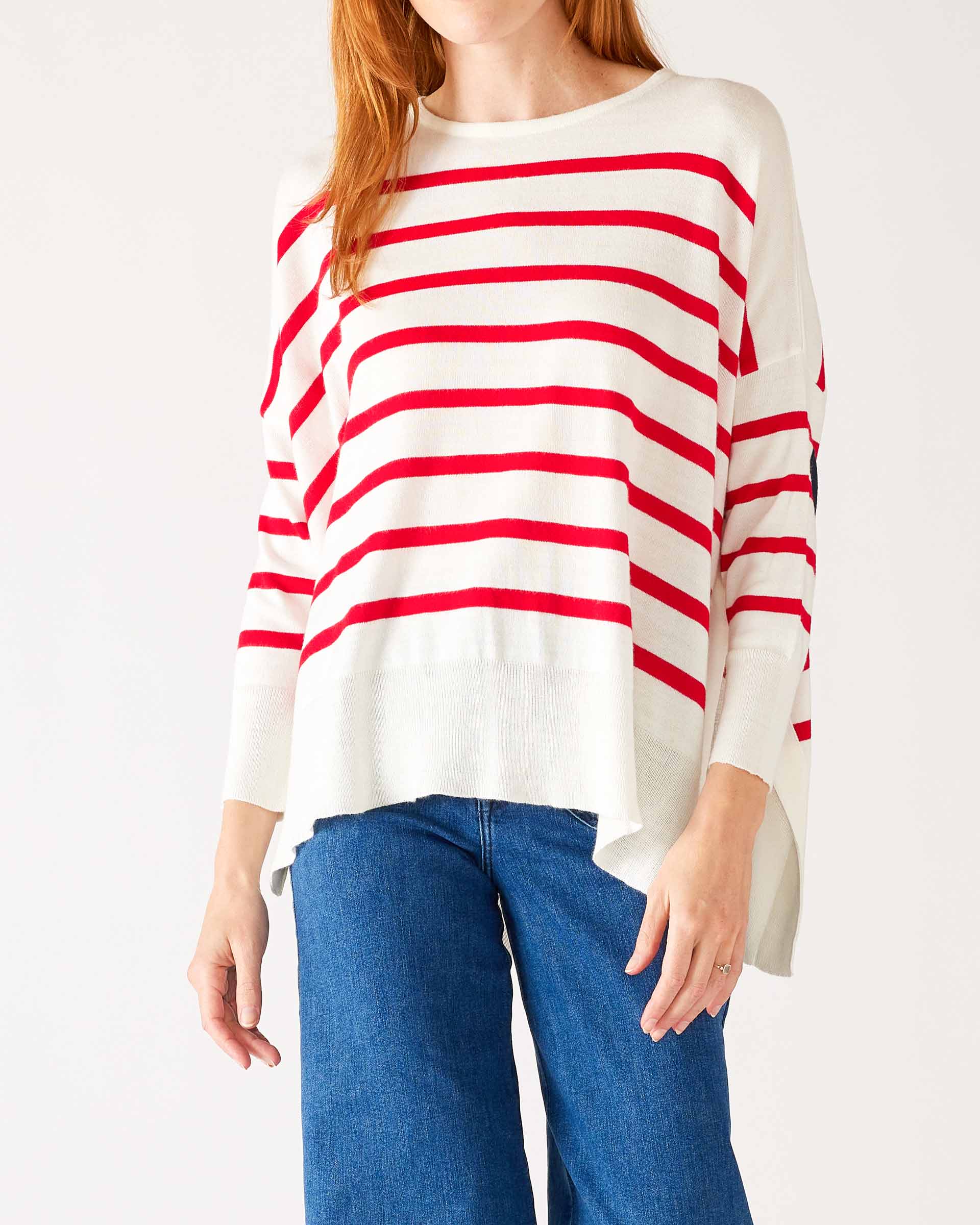 Women's One Size Red Striped Sweater with Blue Hearts on Sleeve Chest View