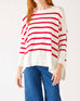 Women's One Size Red Striped Sweater with Blue Hearts on Sleeve Chest View