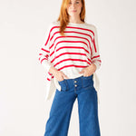 Women's One Size Red Striped Sweater with Blue Hearts on Sleeve Front Tuck View