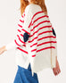 Women's One Size Red Striped Sweater with Blue Hearts on Sleeve Side View