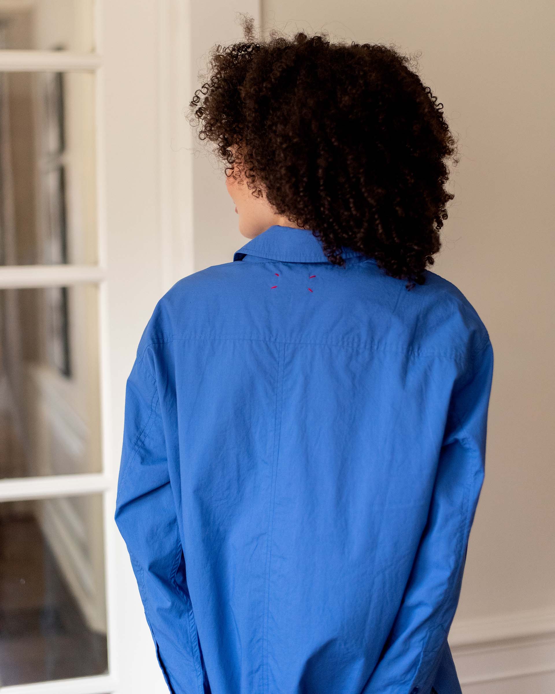 Women's Royal Blue Breathable Relaxed Fit Button Up Shirt Rear View Red Stictch Detail