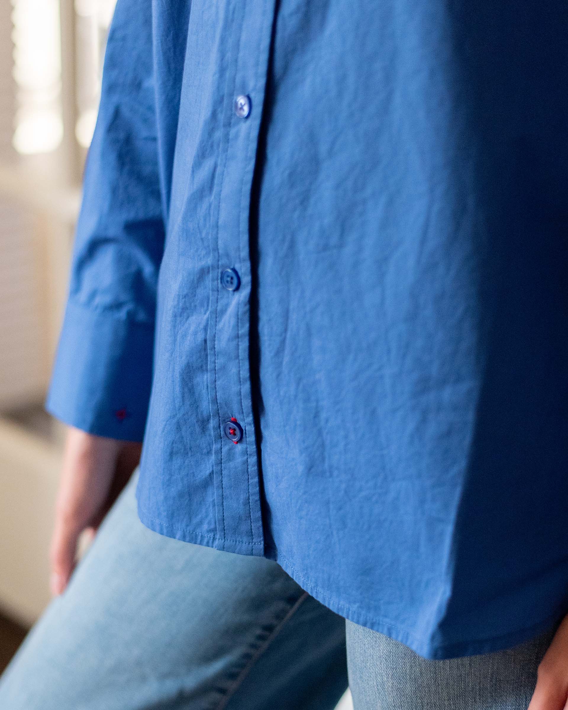 Women's Royal Blue Breathable Relaxed Fit Button Up Shirt Front View Close Up Detail on Buttons
