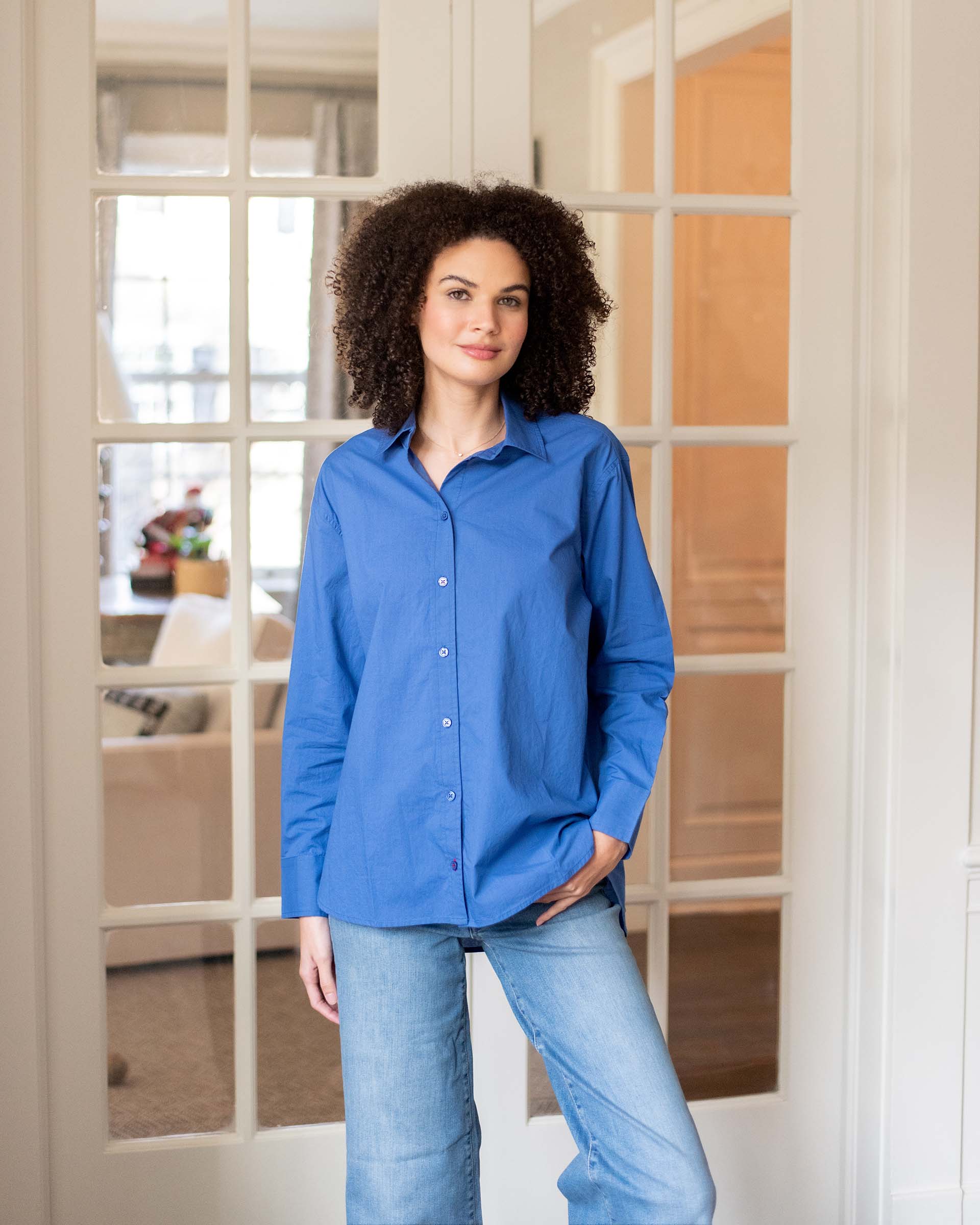 Women's Royal Blue Breathable Relaxed Fit Button Up Shirt Front View Living Room