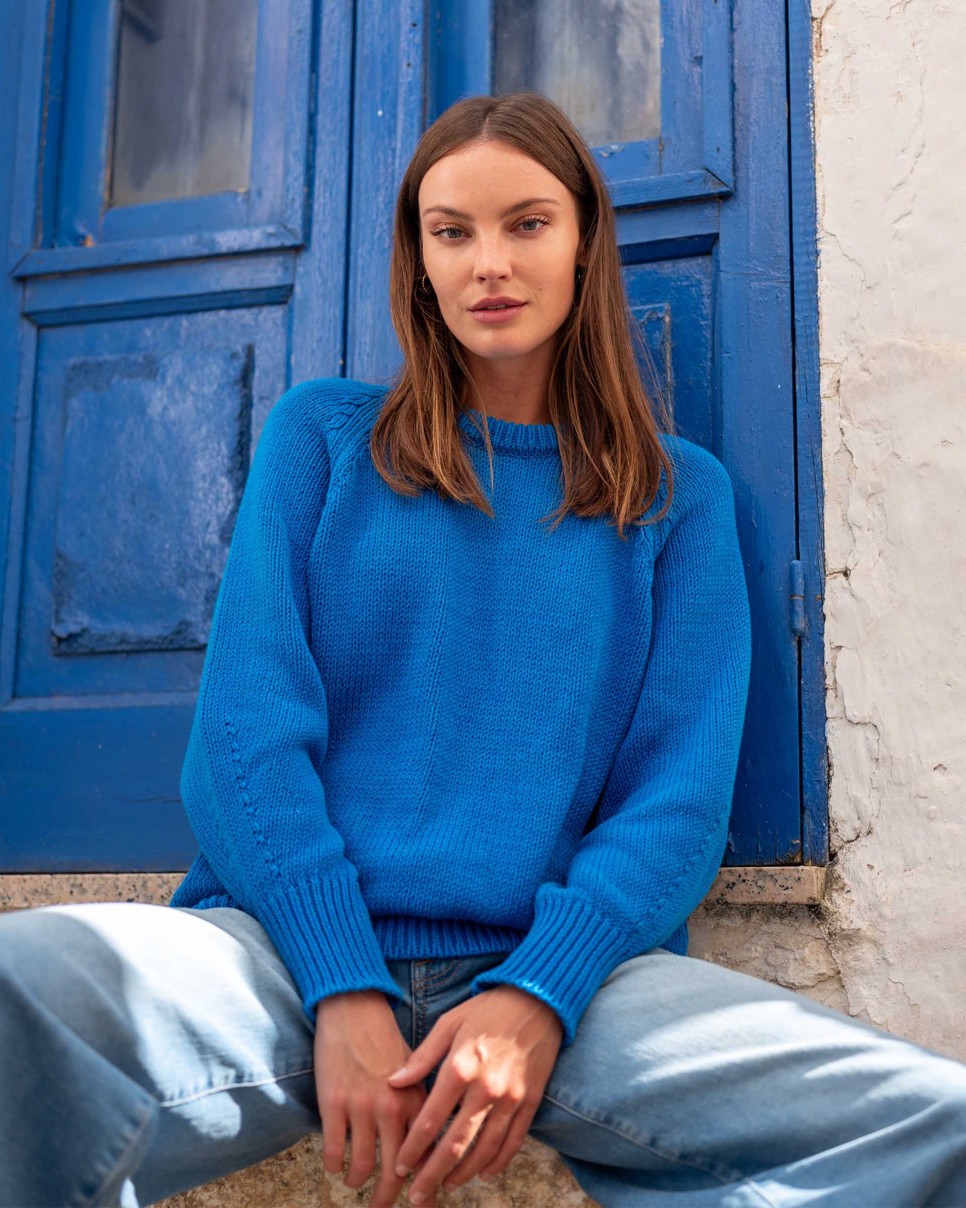 Women's Royal Blue Soft Crewneck Stitched Sweater Front View Destionation Look